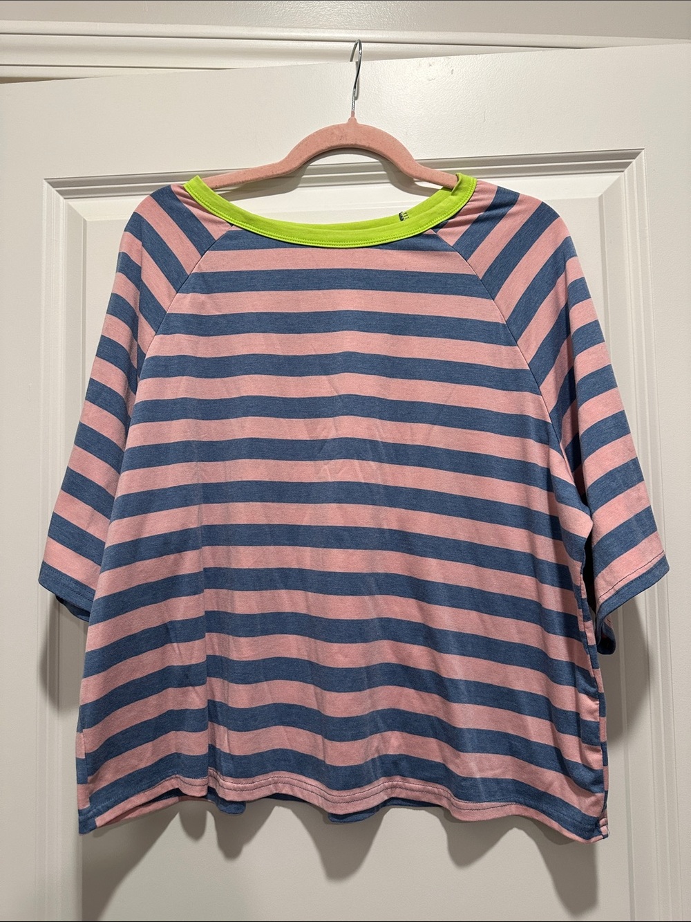 Womens Striped Pink & Blue Tee with Neon Green Trim